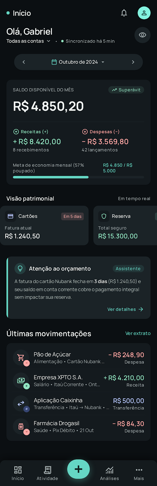 Prévia da tela Início do Kantoo Finanças, com resumo mensal, receitas, despesas e movimentações