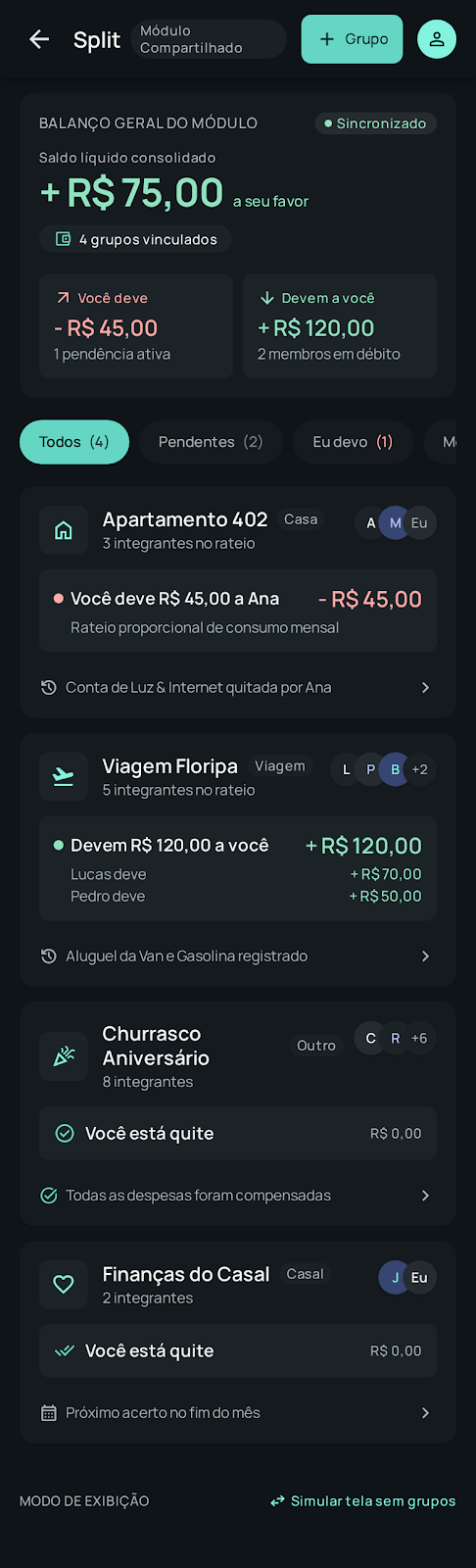 Prévia demonstrativa da tela de grupos do módulo Split
